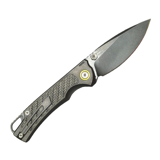 2. VORIXN KB077 folding knife open clip side with blade angled 45 degrees upward titanium carbon fiber handle detail