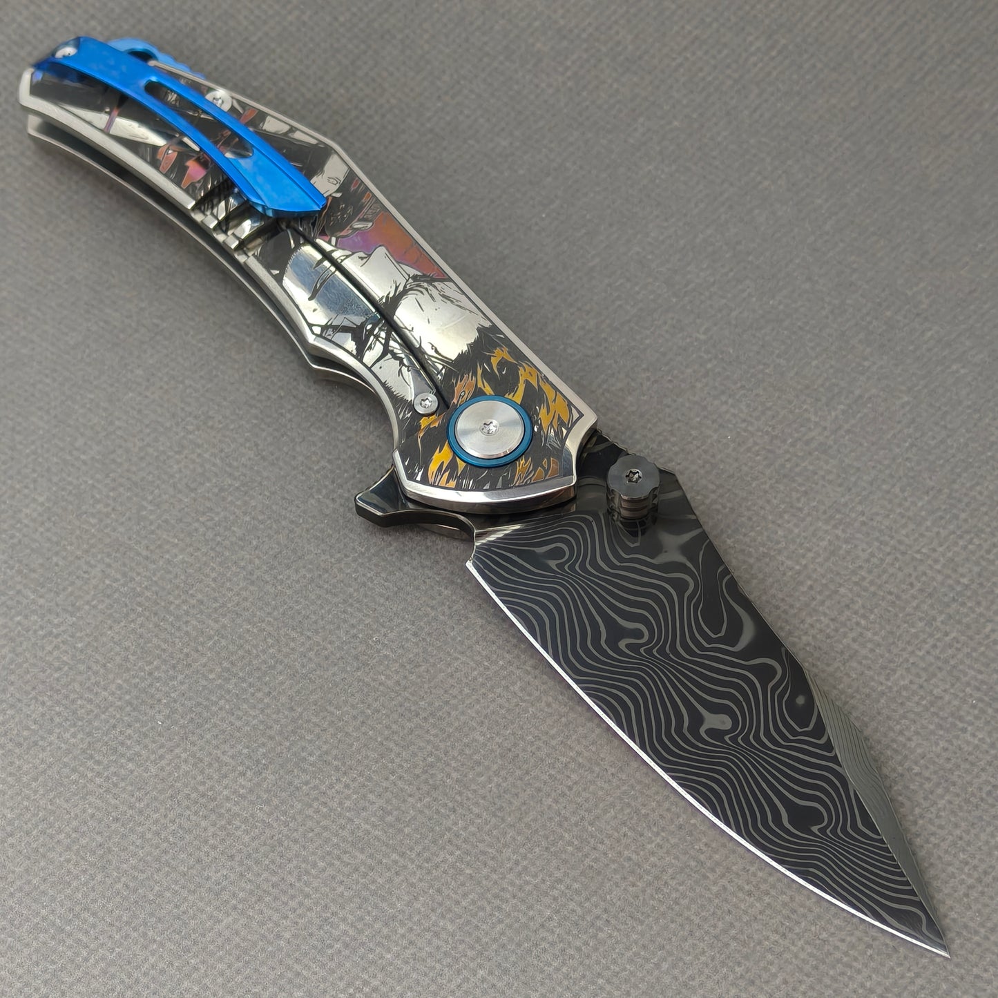 VORIXN "Valor" (3.5" Damascus DLC-Coated Blade) Engraved Titanium Handle Flipper & Thumb Stud Folding Knife - KB117