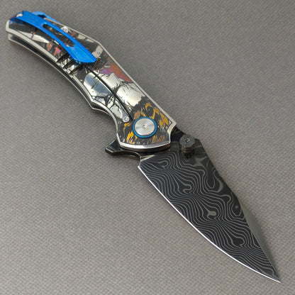 VORIXN "Valor" (3.5" Damascus DLC-Coated Blade) Engraved Titanium Handle Flipper & Thumb Stud Folding Knife - KB117