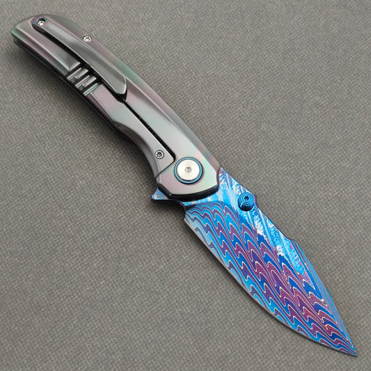 VORIXN "Chromatide" (3.7" Damascus Blade)  Zirconium Handle Flipper & Thumb Stud Folding Knife - KB140