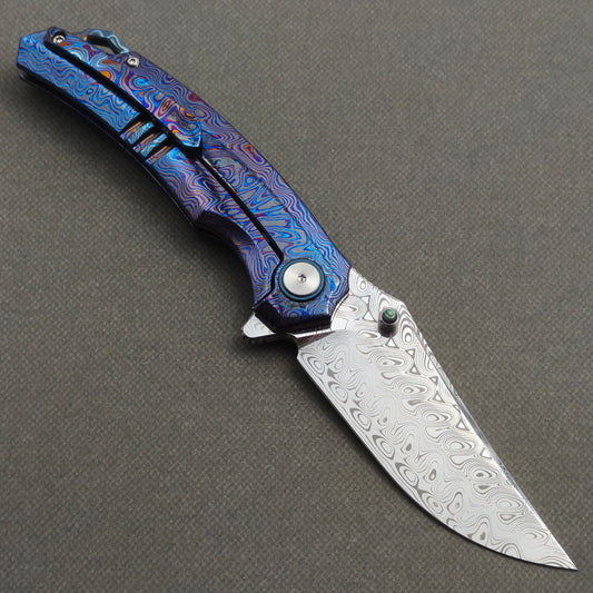 VORIXN "Seaspine" (3.7" Damascus Blade) ZircuTi Handle Flipper & Thumb Stud Folding Knife - KB139