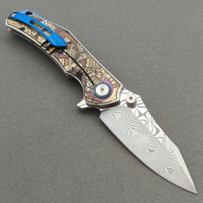 VORIXN "Mythos" (3.5" Damascus Blade) Engraved Titanium Handle Flipper & Thumb Stud Folding Knife - KB124