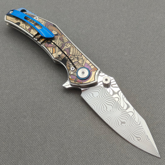 VORIXN "Mythos" (3.5" Damascus Blade) Engraved Titanium Handle Flipper & Thumb Stud Folding Knife - KB124