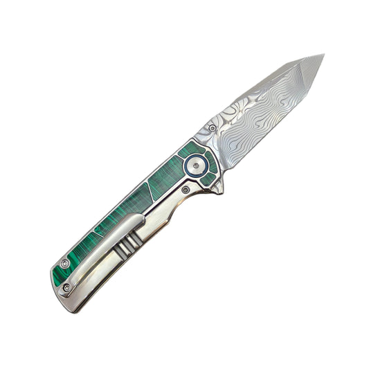 VORIXN "Forest Mirage" Flipper & Thumb Stud Knife Malachite Inlaid Titanium Handle (3.4" Damascus Blade) KB062