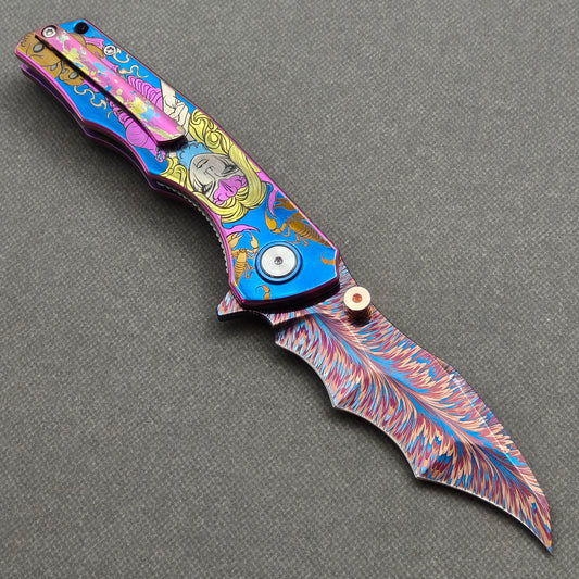 VORIXN "Duskborne" (3.8" Damascus Blade) Titanium Handle Flipper & Thumb Stud Folding Knife - KB145