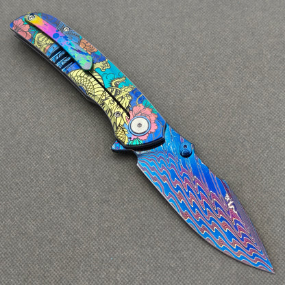 VORIXN "Tideprowler" (3.8" Damascus Blade)  Titanium Handle Flipper & Thumb Stud Folding Knife - KB155