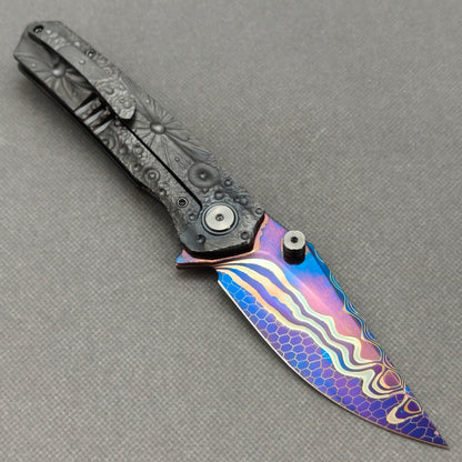 Vorixn "Impact Origin" Flipper & Thumb Stud Knife DLC-Coated Titanium-Engraved Anodized Handle (3.6" Damascus steel Blade) KB094