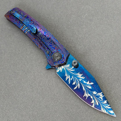 VORIXN KB082 Aurora Black Folding Knife – open clip side view showing pocket clip and Zirconium handle