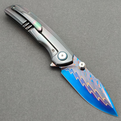 VORIXN "Temperwave" (3.7" Damascus Blade)  Zirconium Handle Flipper & Thumb Stud Folding Knife - KB126