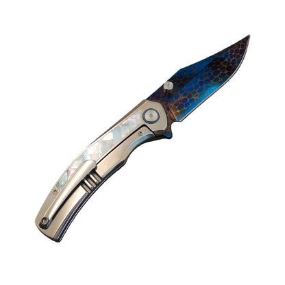 VORIXN "Ocean Mirage" Flipper & Thumb Stud Knife White Mother-of-pearl Inlaid Titanium Handle (3.9" Dragon Damascus Blade) KB067