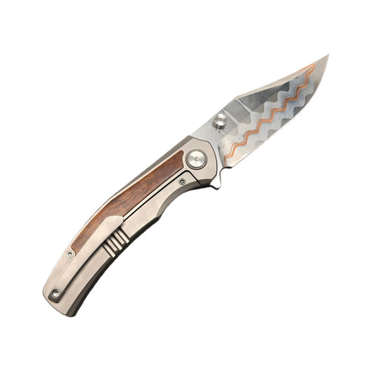 VORIXN Ironwood Crest Cu-Mai folding knife open view clip side titanium and desert ironwood handle blade angled 45 degrees