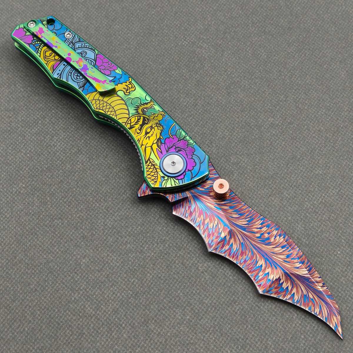 VORIXN "Wildcrest" (3.8" Damascus Blade)  Titanium Handle Flipper & Thumb Stud Folding Knife - KB146