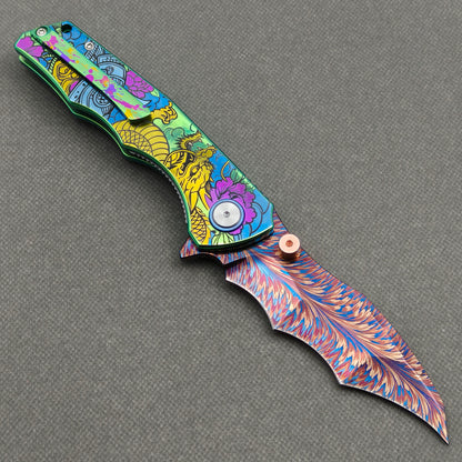 VORIXN "Wildcrest" (3.8" Damascus Blade)  Titanium Handle Flipper & Thumb Stud Folding Knife - KB146