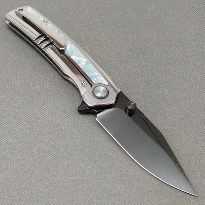 VORIXN "Ocean Mirage" Flipper & Thumb Stud Knife White Mother-of-pearl Inlaid Titanium Handle (3.8" M390 Blade) KB093