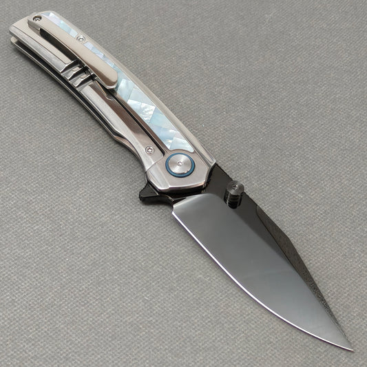 VORIXN "Ocean Mirage" Flipper & Thumb Stud Knife White Mother-of-pearl Inlaid Titanium Handle (3.8" M390 Blade) KB093