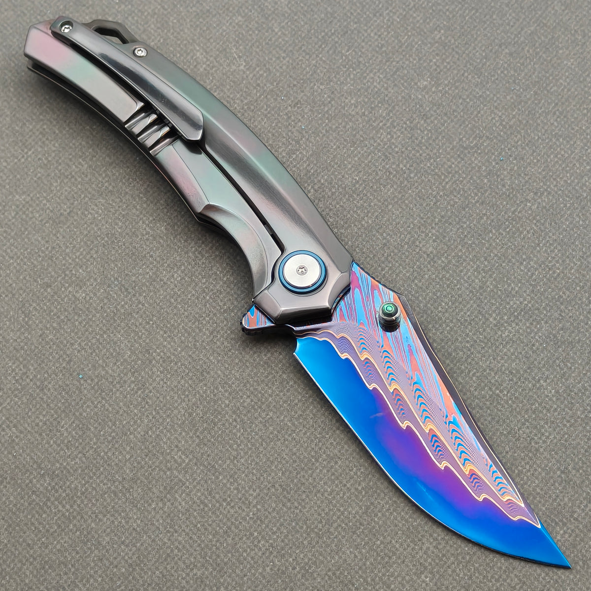 VORIXN "Embercrest" (3.7" Damascus Blade)  Zirconium Handle Flipper & Thumb Stud Folding Knife - KB136