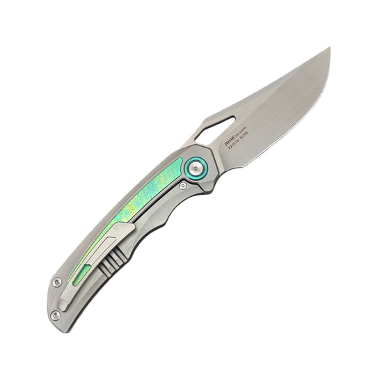 vorixn kb076 titanium crystallized titanium folding knife open clip side blade angled 45 degrees right up