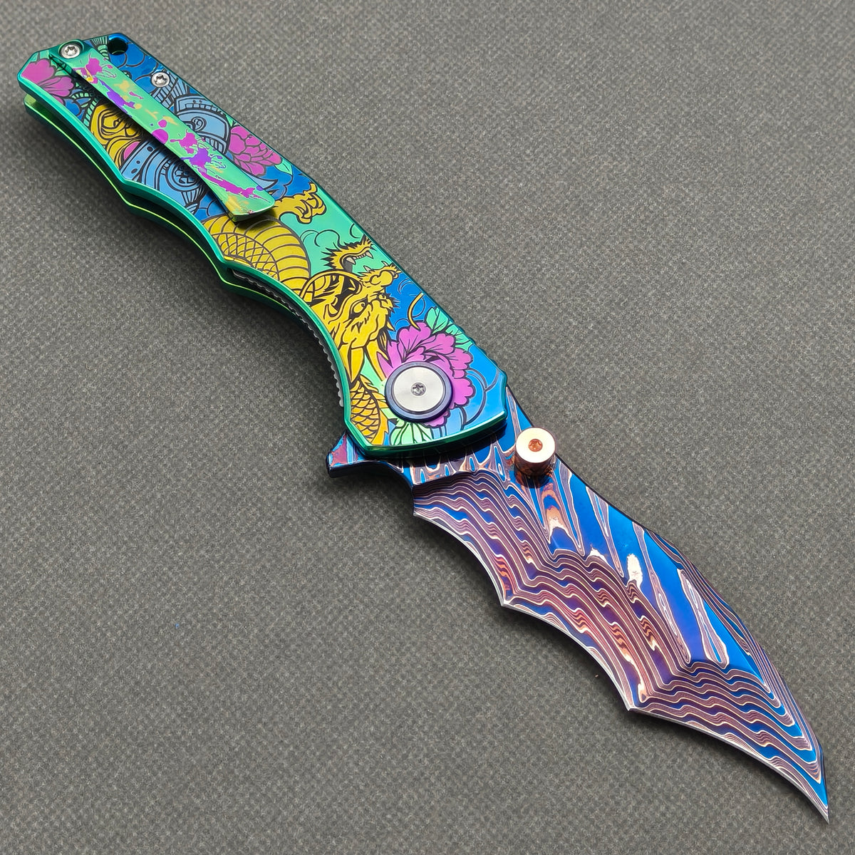 VORIXN "Tigerflow" (3.8" Damascus Blade)  Titanium Handle Flipper & Thumb Stud Folding Knife - KB149