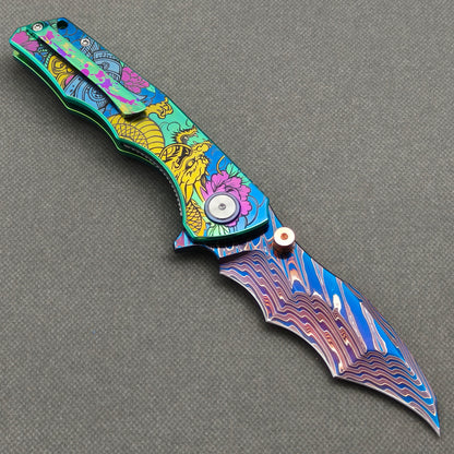 VORIXN "Tigerflow" (3.8" Damascus Blade)  Titanium Handle Flipper & Thumb Stud Folding Knife - KB149