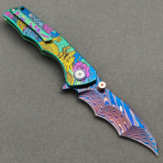 VORIXN "Tigerflow" (3.8" Damascus Blade)  Titanium Handle Flipper & Thumb Stud Folding Knife - KB149