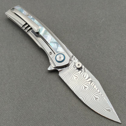VORIXN "Ocean Mirage" Flipper & Thumb Stud Knife White Mother-of-pearl Inlaid Titanium Handle (3.8" Damascus Blade) KB084