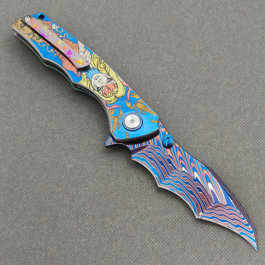 VORIXN "Fableweave" (3.8" Damascus Blade)  Titanium Handle Flipper & Thumb Stud Folding Knife - KB150