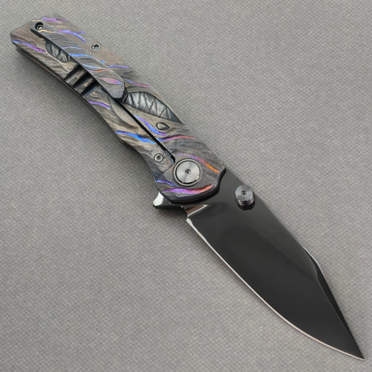 VORIXN "Voidmaw" (3.8" M390 Blade) Hand-Engraved & Anodized Titanium Handle Flipper & Thumb Stud Folding Knife - KB123