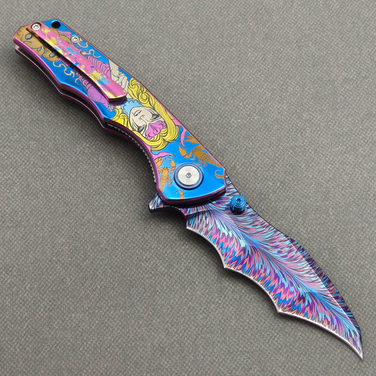 VORIXN "Duskborne" (3.8" Damascus Blade)  Titanium Handle Flipper & Thumb Stud Folding Knife - KB145