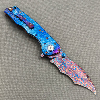 VORIXN "Skyvein" (3.8" Damascus Blade)  Titanium Handle Flipper & Thumb Stud Folding Knife - KB148