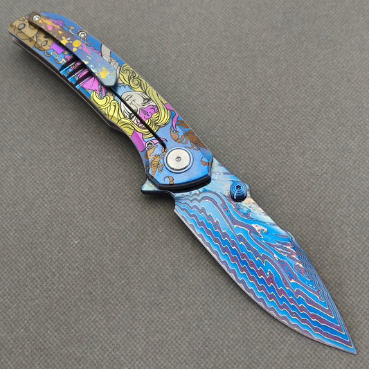 VORIXN "Echoshroud" (3.8" Damascus Blade) Titanium Handle Flipper & Thumb Stud Folding Knife - KB156