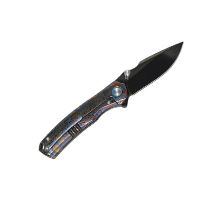VORIXN Topograph Zirconium VG10 folding knife open pocket clip side blade angled 45 degrees upper right
