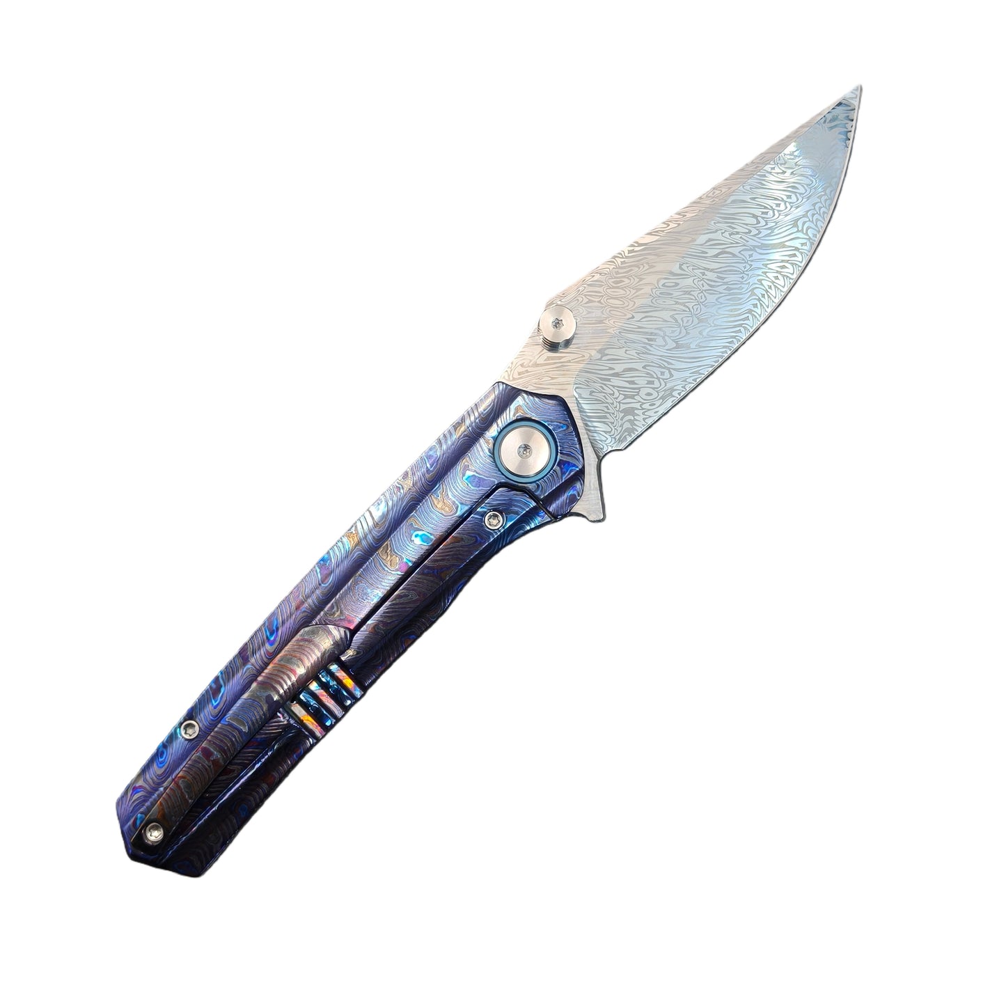 Vorixn Lumin folding knife fully open showing clip side, blade angled 45 degrees upward right