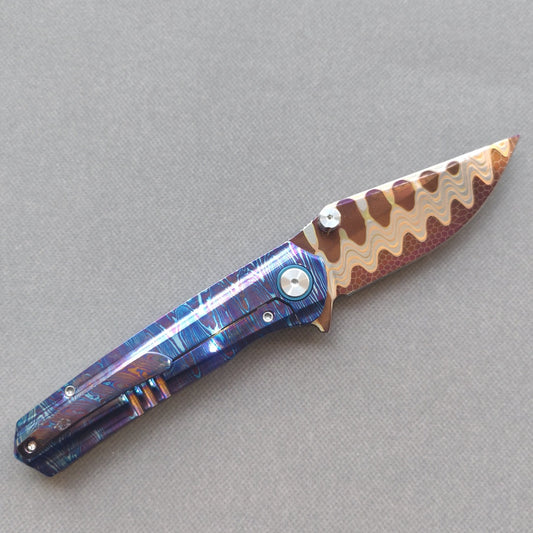 VORIXN "AURELION" Flipper & Thumb Stud Knife Flame-Timascus Handle (3.6" Damascus Blade) KB064