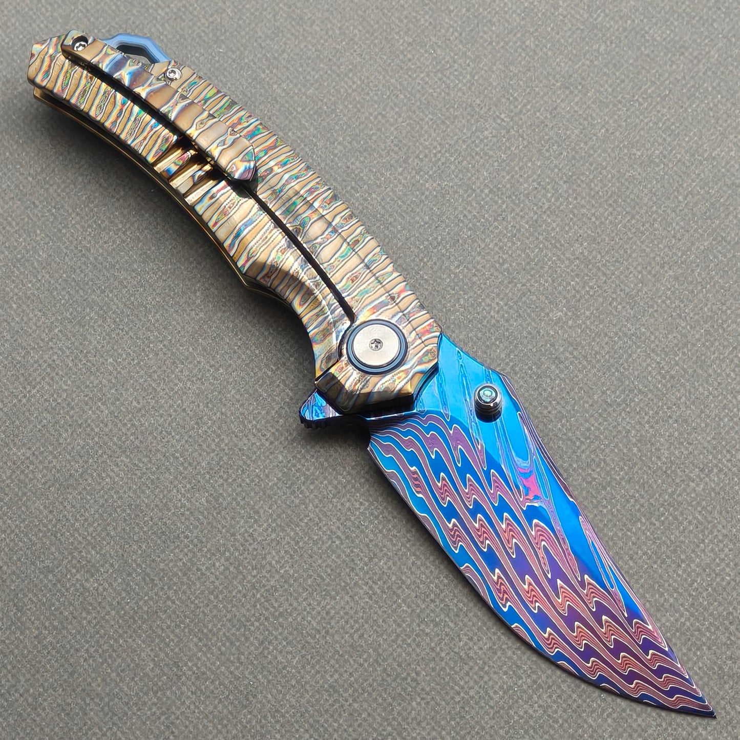 VORIXN "Chromaforge" (3.7" Damascus Blade) Hand-Flamed Titanium Handle Flipper & Thumb Stud Folding Knife - KB135