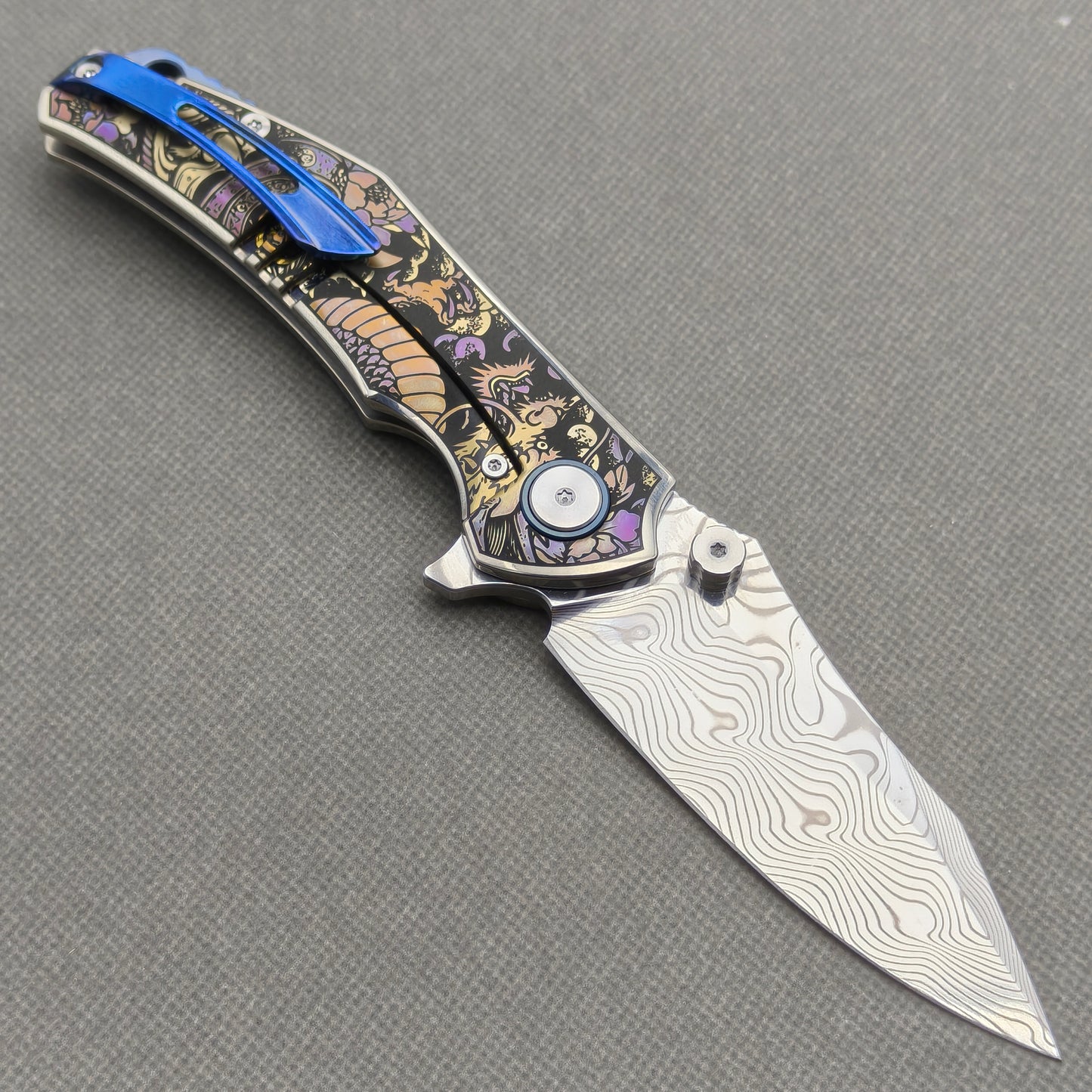 VORIXN "Dominion" (3.5" Damascus Blade) Engraved Titanium Handle Flipper & Thumb Stud Folding Knife - KB115