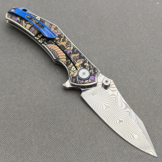 VORIXN "Dominion" (3.5" Damascus Blade) Engraved Titanium Handle Flipper & Thumb Stud Folding Knife - KB115
