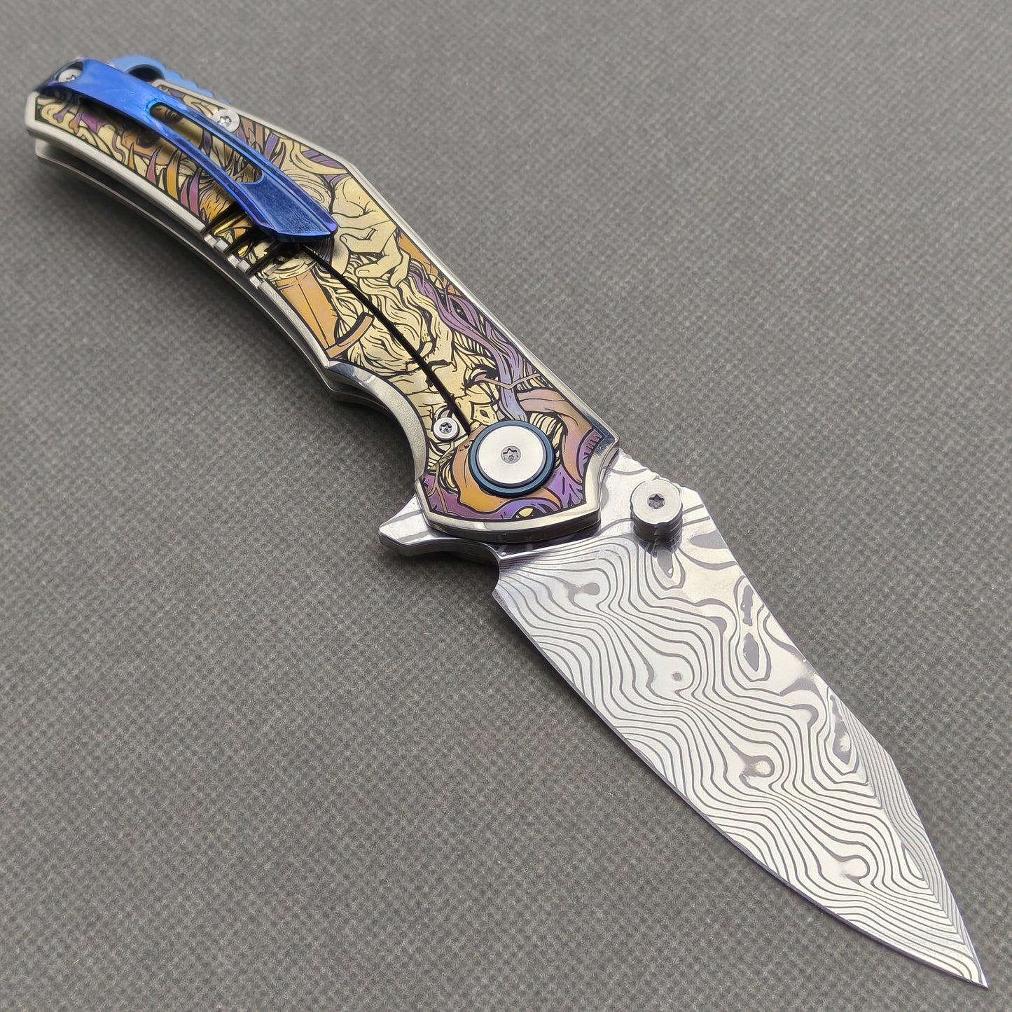 VORIXN "Requiem" (3.5" Damascus Blade) Engraved Titanium Handle Flipper & Thumb Stud Folding Knife - KB114