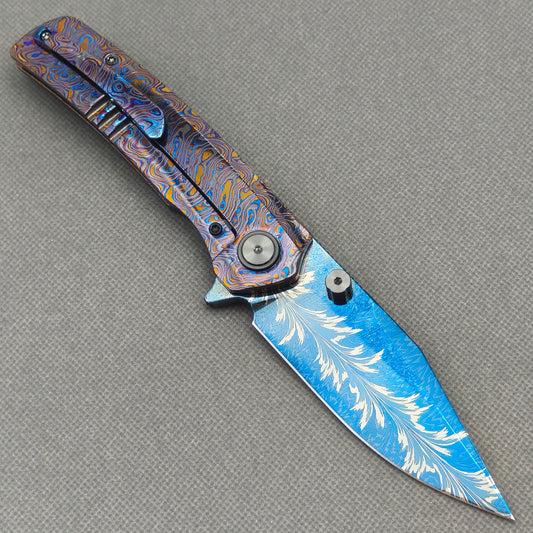 Vorixn "Aurora Black" Flipper & Thumb Stud Knife Hand-Flamed Zirconium Handle (3.8" Feather Damascus Blade) KB105