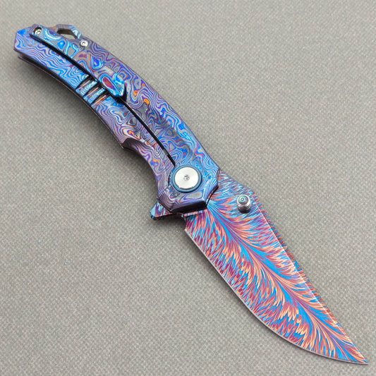 VORIXN "Strata" (3.7" Damascus Blade) ZircuTi Handle Flipper & Thumb Stud Folding Knife - KB134