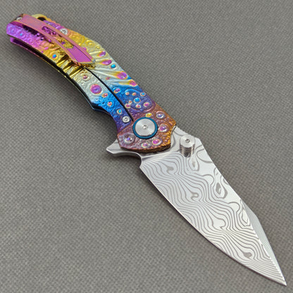 VORIXN "Prism" (3.5" Damascus Blade) Hand-Engraved & Anodized Titanium Handle Flipper & Thumb Stud Folding Knife - KB121