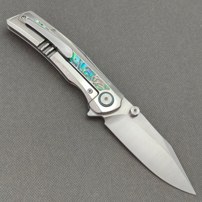 VORIXN "Ocean Mirage" Flipper & Thumb Stud Knife Deep-sea Abalone Shell Inlay Titanium Handle (3.7" M390 Blade) KB113