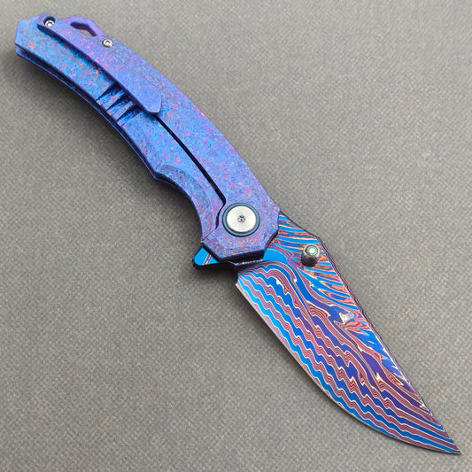 VORIXN "Rimeflare" (3.7" Damascus Blade) Crystallized Titanium Handle Flipper & Thumb Stud Folding Knife - KB132