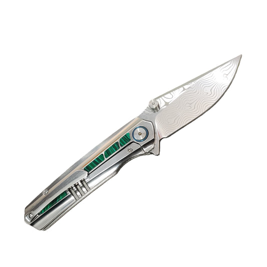 VORIXN "Forest Mirage" Flipper & Thumb Stud Knife Malachite Inlaid Titanium Handle (3.6" Damascus Blade) KB056