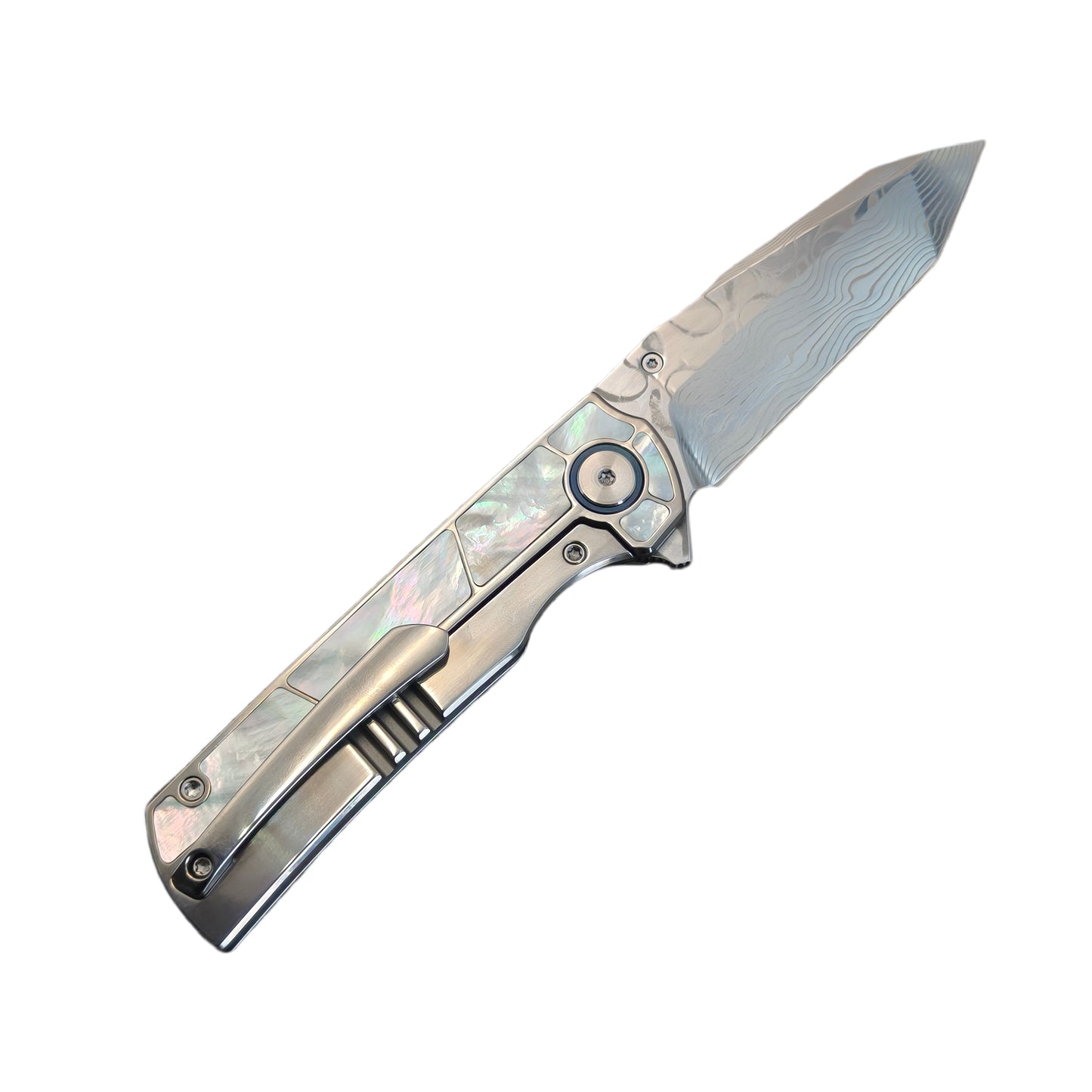 VORIXN "Forest Mirage" Flipper & Thumb Stud Knife White Mother-of-pearl Inlaid Titanium Handle (3.4" Damascus Blade) KB063
