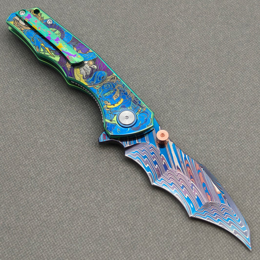 VORIXN "Lorebound" (3.8" Damascus Blade)  Titanium Handle Flipper & Thumb Stud Folding Knife - KB147