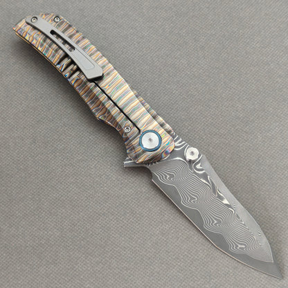 VORIXN "Flamecrest" (3.7" Damascus Blade) Hand-Flamed Titanium Handle Flipper & Thumb Stud Folding Knife - KB013