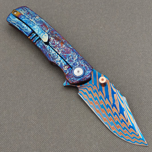VORIXN "Stormweave" (3.7" Damascus Blade) Titanium Handle Flipper & Thumb Stud Folding Knife - KB144