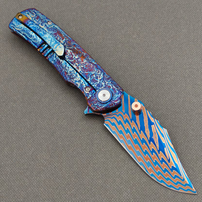 VORIXN "Stormweave" (3.7" Damascus Blade)  Titanium Handle Flipper & Thumb Stud Folding Knife - KB144