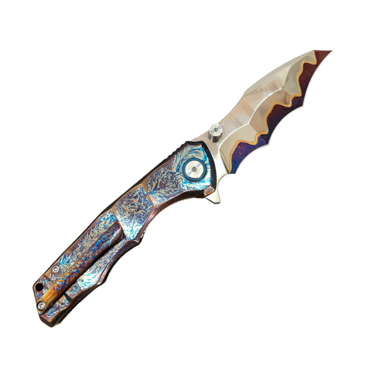 VORIXN "Drakescale" Flipper & Thumb Stud Knife Titanium Hand-Flamed Handle (3.6" Damascus Blade) KB058