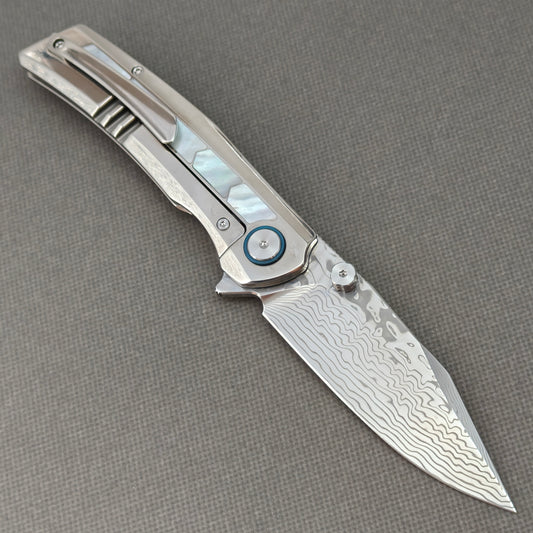 VORIXN "Ocean Mirage" Flipper & Thumb Stud Knife White Mother-of-Pearl Inlay Titanium Handle (3.7" Damascus Blade) KB109